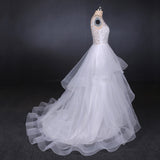 A Line V Neck Layered Backless Wedding Dresses, Long Bridal Gown OKQ23