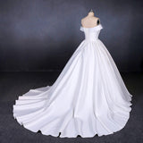 Elegant Off Shoulder White Ball Gown Simple Wedding Dress Satin Bridal Gown OKQ20