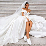 Elegant Off Shoulder White Ball Gown Simple Wedding Dress Satin Bridal Gown OKQ20