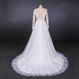 A Line Tulle Lace Appliques Long Sleeves Wedding Dresses, Cheap Bridal Dresses OKQ28