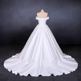 Elegant Off Shoulder White Ball Gown Simple Wedding Dress Satin Bridal Gown OKQ20