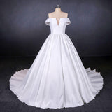 Elegant Off Shoulder White Ball Gown Simple Wedding Dress Satin Bridal Gown OKQ20