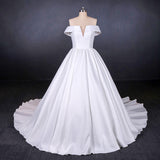 Off the Shoulder White Ball Gown Simple Wedding Dresses, Satin Bridal Gown OKQ20