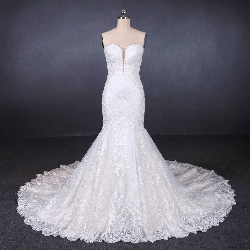 Sweetheart Mermaid Lace Appliques Button Back Long Wedding Dresses OKQ29