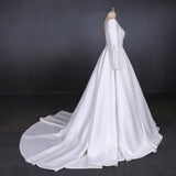 Simple A Line Long Sleeves Satin Wedding Dresses, New Arrival White Long Bridal Gown OKQ13