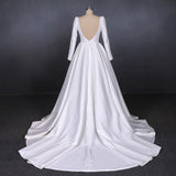 Simple A Line Long Sleeves Satin Wedding Dresses, New Arrival White Long Bridal Gown OKQ13