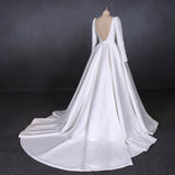 Simple A Line Long Sleeves Satin Wedding Dresses, New Arrival White Long Bridal Gown OKQ13