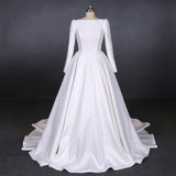 Simple A Line Long Sleeves Satin Wedding Dresses, New Arrival White Long Bridal Gown OKQ13