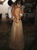 A-line Spaghetti Straps V-neck Sexy Backless Sequins Prom Party Dress OKF32