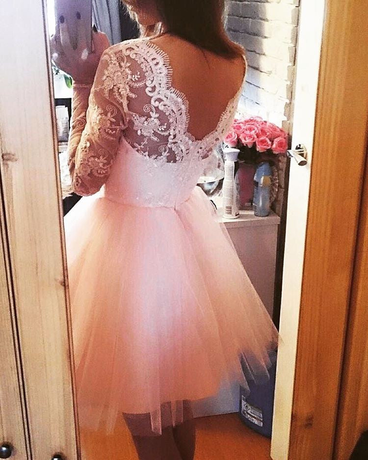 Pink Long Sleeves Lace Tulle Short Backless Homecoming Dresses,Graduation Dresses OK334