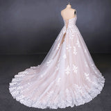 A Line Strapless Lace Appliques Wedding Dresses, Cheap Bridal Dresses OKQ16