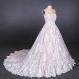 A Line Strapless Lace Appliques Wedding Dresses, Cheap Bridal Dresses OKQ16