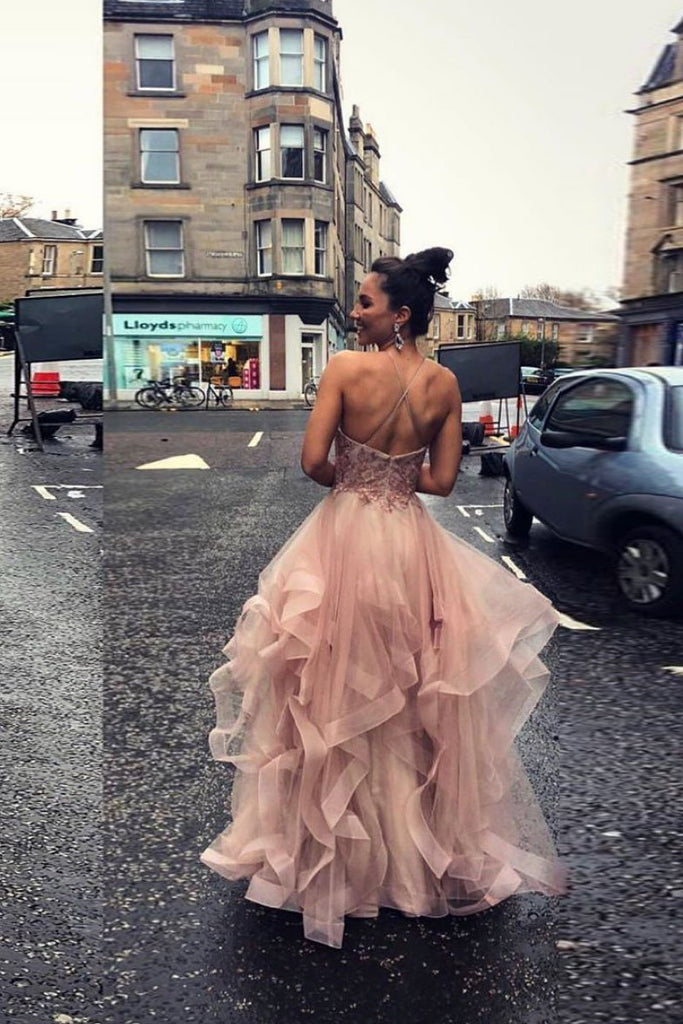 Pink Tulle Lace Appliques Long Prom Dress A-line Evening Gown OKS67