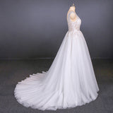 Stunning A Line V Neck Tulle Lace Appliques Wedding Dress  Bridal Dress OKQ12