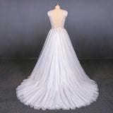 Stunning A Line V Neck Tulle Lace Appliques Wedding Dress  Bridal Dress OKQ12