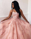 A Line Tulle Long Prom Dress with Appliques and Beading Popular Formal Dress OK1021