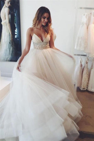 Simple Spaghetti Straps Beaded Long V-neck Tulle Beach Wedding Dress W34