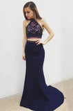 Two Pieces Navy Blue Long Mermaid Simple Cheap Prom Dress K760