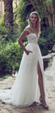 Lace Boho Off the shoulder Cap Sleeves Long Country Slit Wedding Gowns, Beach Wedding Dress OK242