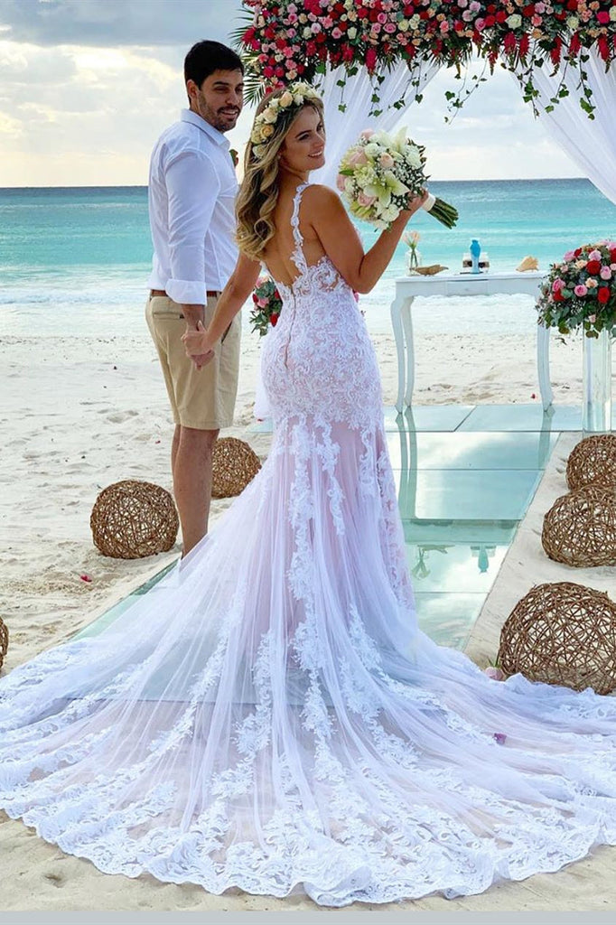 Mermaid Spaghetti Strap White Tulle Appliqued Wedding Dress with Long Train OK1566