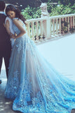A-Line Blue Sleeveless Tulle Wedding Dress With Chapel Train OK202