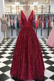 Charming Burgundy V Neck Sleeveless Sequin Prom Dress A Line Formal Party Dress OKI56