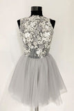 Gray Tulle Lace Short Prom Dresses, A Line Flowers Homecoming Dress OKP44