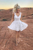 White Short Lace Homecoming Dress V Neck Appliques Cocktail Dress OKU53