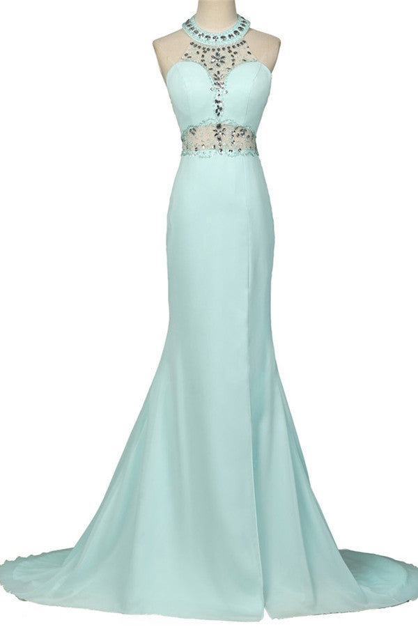 Mint Halter Open Back Long Mermaid Charming Elegant Chiffon Prom Dress K750