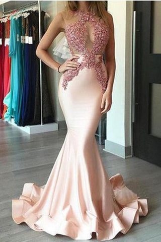 Sexy Lace Mermaid Long Pink Satin Simple Cheap Pretty Prom Dress K773