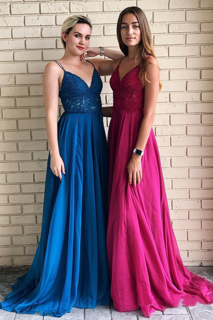 Spaghetti Straps A-Line Long Cheap Prom Dress with Lace Top OKO54