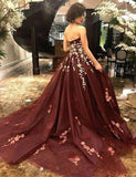 Strapless Burgundy Sleeveless Long Prom Dresses with Appliques OKH36