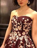 Strapless Burgundy Sleeveless Long Prom Dresses with Appliques OKH36