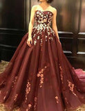 Strapless Burgundy Sleeveless Long Prom Dresses with Appliques OKH36