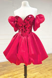 Red Cut Glass Mirror Strapless A-Line Cocktail Dress with Puff Sleeves Short Homecoming Dress OK1739