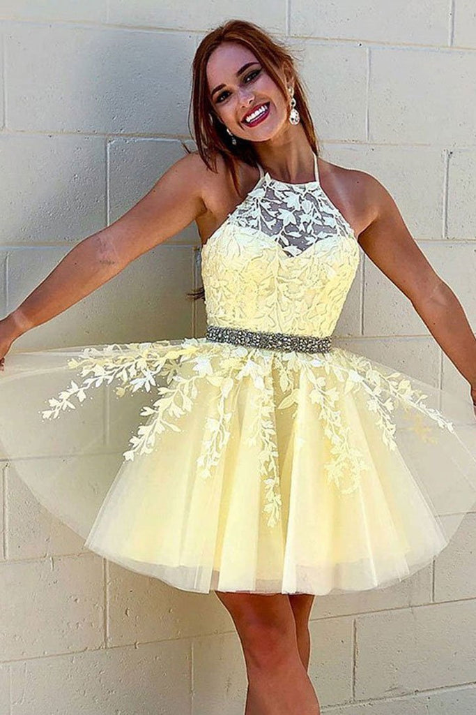 A Line Halter Yellow Lace Appliques Homecoming Dresses, Short Prom Dresses OKQ8