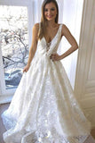 Elegant A-Line V-Neck Sleeveless Lace Affordable Long Wedding Dress OK1154