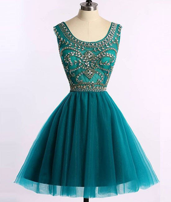 Short Beads Hunter Green Tulle A Line Prom/Homecoming Dresses,Cocktail Party Dresses OK315