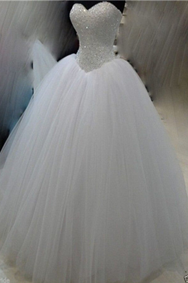 Classy White Ball Gown Long Beaded Sweetheart Lace Up Wedding Dress W26