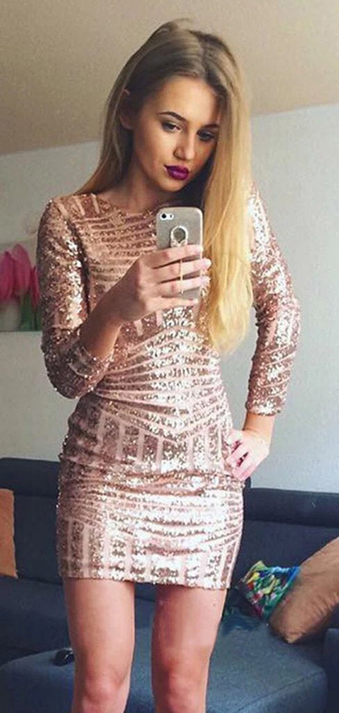 Long Sleeves Sequins Homecoming Dress Short Tight Sexy Cocktail Dress OKO73
