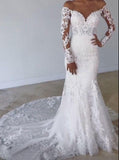 Amazing Mermaid Long Sleeves Off Shoulder Sweetheart Long Lace Appliques Wedding Dress OK1095