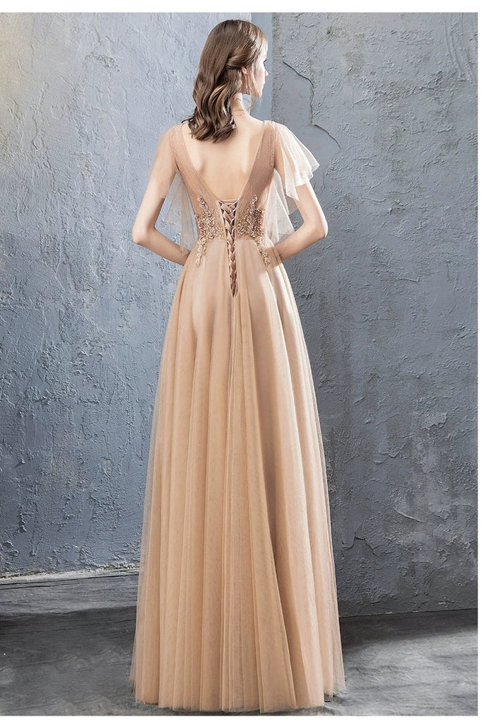 A-line Short Sleeves Tulle Beading Long Prom Dress Evening Dress OKT21