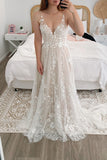 A-line V Neck Lace Appliqued Tulle V Back Long Wedding Dress OK1097