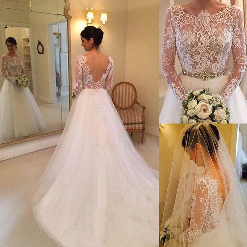 White A-line Long Sleeves Beading Lace Backless Court Train Wedding Dress OK524