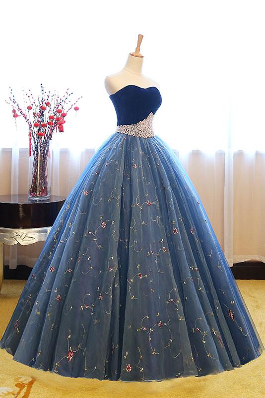 Blue Sweetheart Tulle Long Prom Dresses,Ball Gown,Sweet 16 Dress OK682