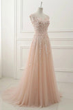 Round Neck Lace Appliques Prom Dresses,Tulle A Line Evening Dresses OK427