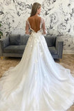 A-Line Floral Appliques Off White Plunging Neck Long Sleeves Backless Wedding Dress OK1906