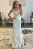 Elegant Off White Floral Lace Scoop Neck Lace-Up Mermaid Long Prom Dress OK1898