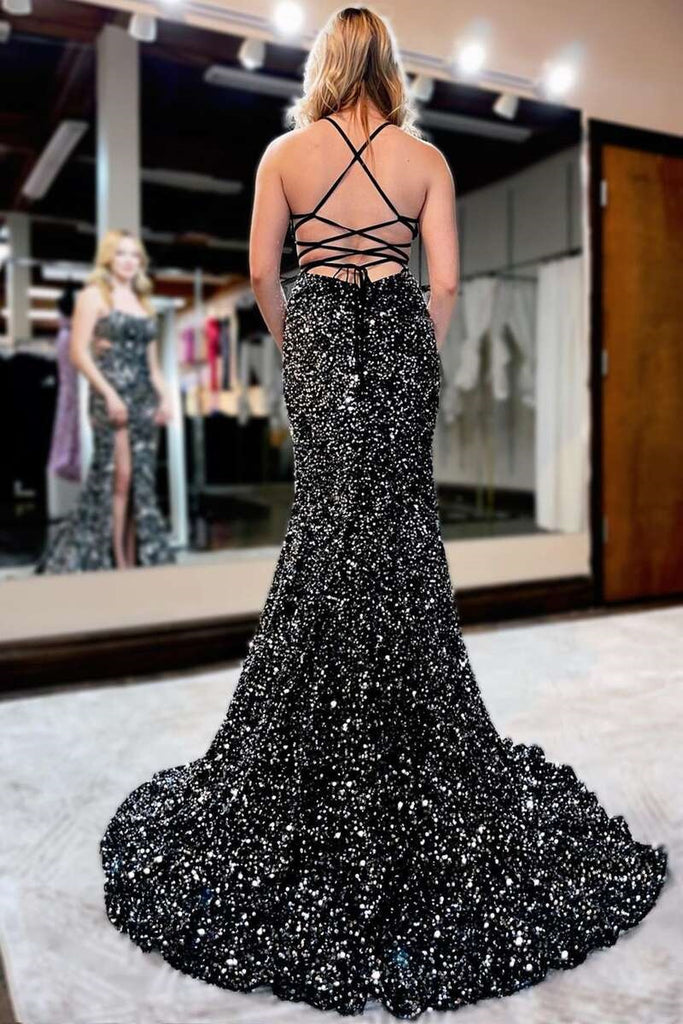 Black Sequin Mermaid Spaghetti Straps Long Prom Dresses with Slit OK1689