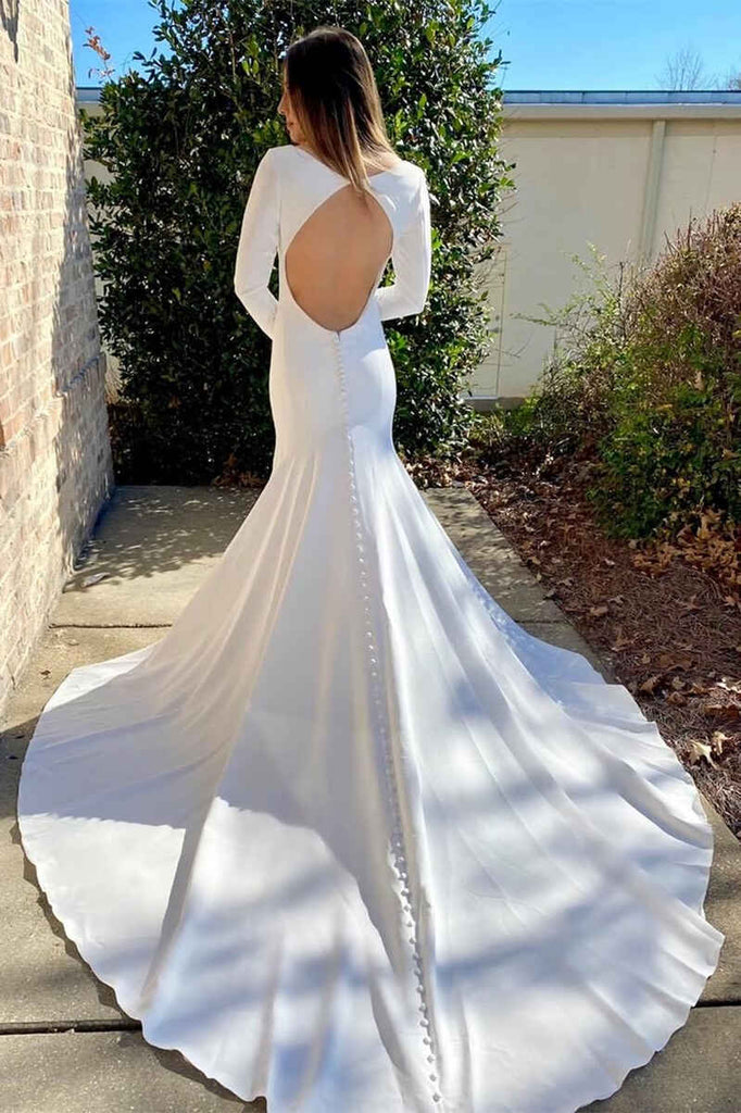 Off White V-Neck Open Back Long Sleeves Mermaid Wedding Dress OK1540